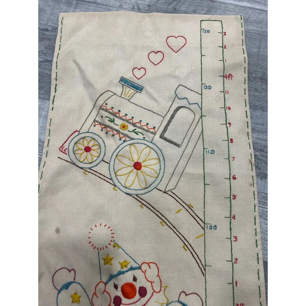 Vintage Embroidered Canvas Growth Chart Train Clown Teddy Bear Nursery Decor